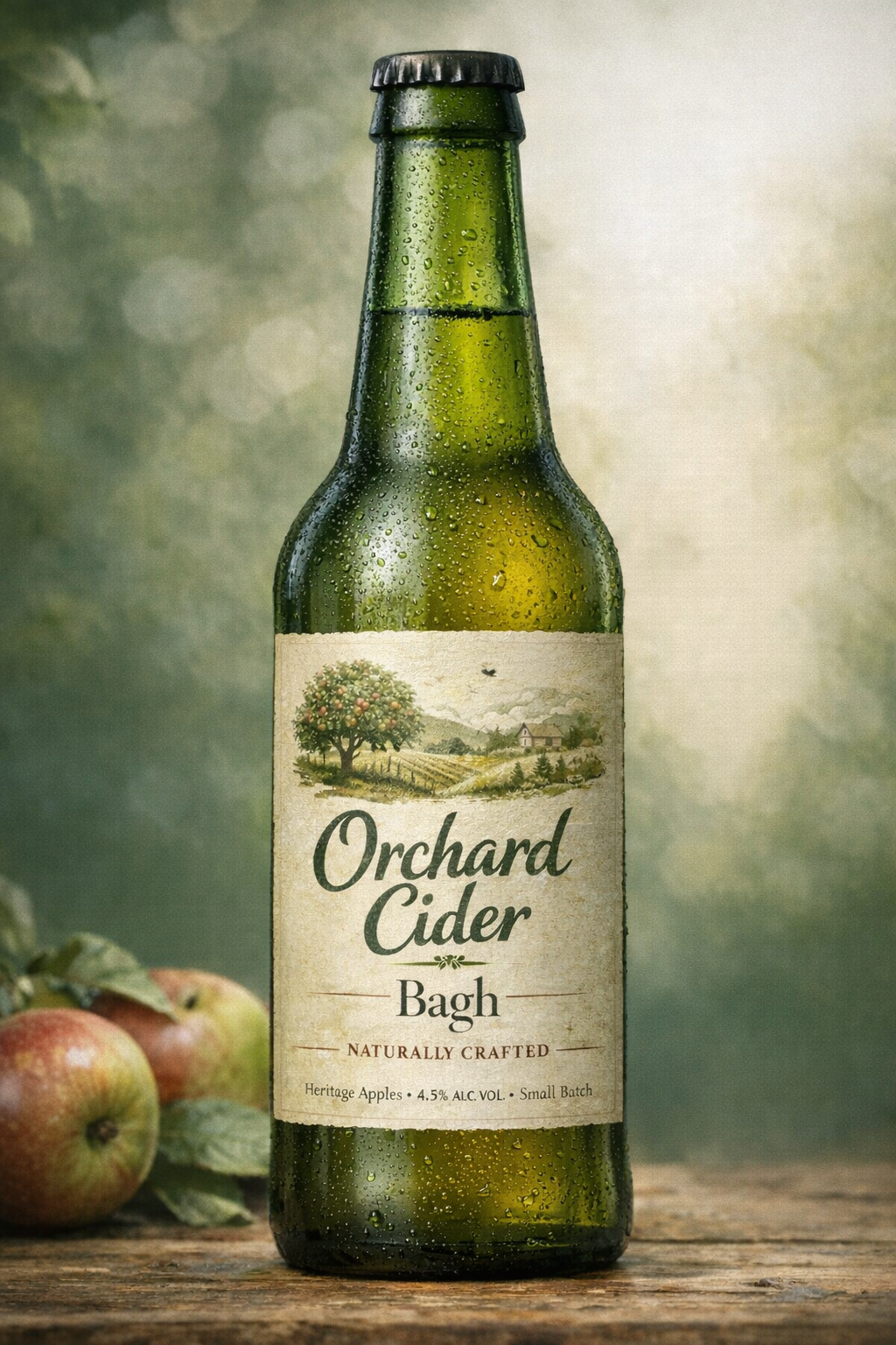 Bagh Orchard Cider bottle with fresh apples